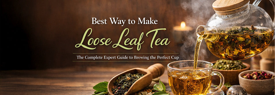 Best way to make loose leaf tea with glass teapot pouring tea into cup on wooden table